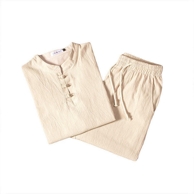 Buddha Stones Pure Color Cotton Linen Long Sleeve Top Pants Clothing Men's Set - image 7