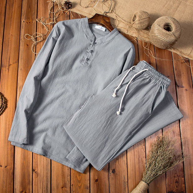 Buddha Stones Pure Color Cotton Linen Long Sleeve Top Pants Clothing Men's Set - DimGray - US/UK/AU46，EU56 (5XL) - image 8