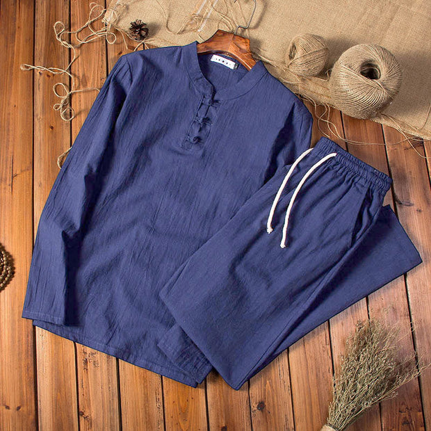 Buddha Stones Pure Color Cotton Linen Long Sleeve Top Pants Clothing Men's Set - MidnightBlue - US/UK/AU46，EU56 (5XL) - image 12
