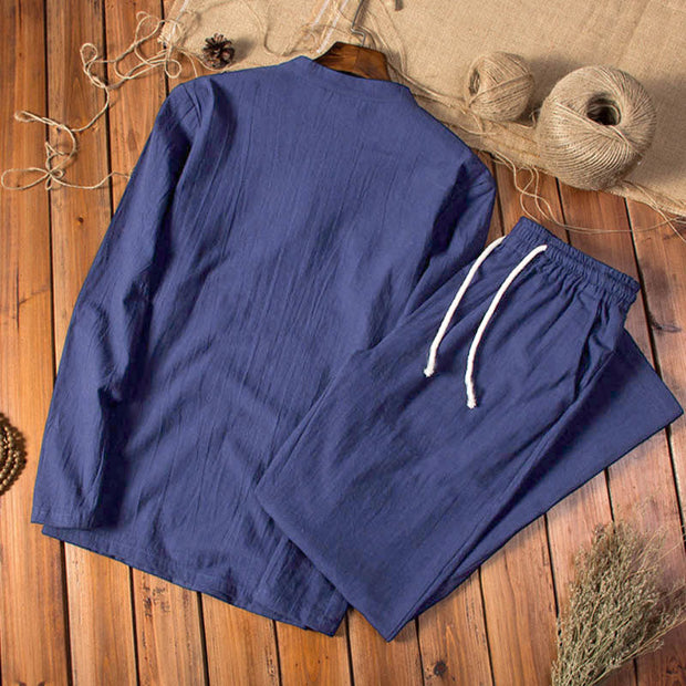 Buddha Stones Pure Color Cotton Linen Long Sleeve Top Pants Clothing Men's Set - image 13