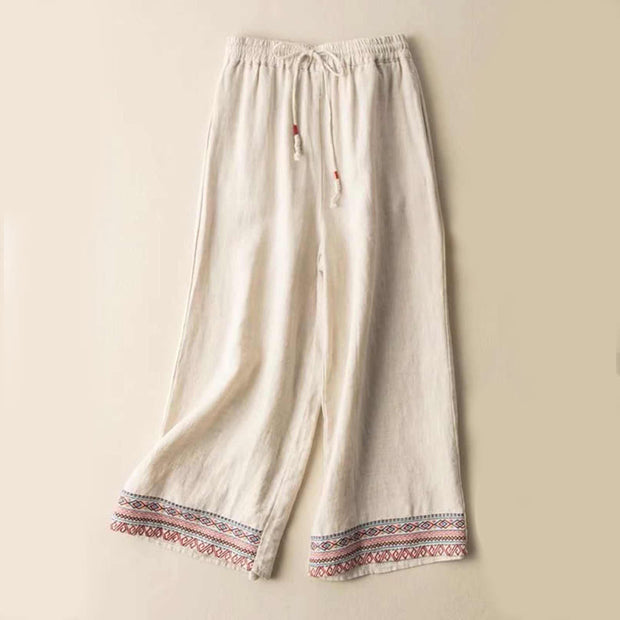 Buddha Stones Plain Bohemian Stripes Women's Wide Leg Cotton Pants With Pockets - Beige - US14，UK/AU18，EU46 (4XL) - image 2