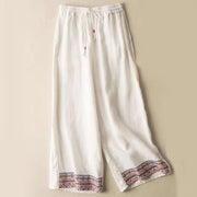 Buddha Stones Plain Bohemian Stripes Women's Wide Leg Cotton Pants With Pockets - White - US14，UK/AU18，EU46 (4XL) - image 4
