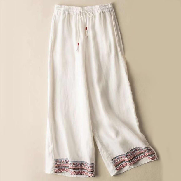 Buddha Stones Plain Bohemian Stripes Women's Wide Leg Cotton Pants With Pockets - White - US14，UK/AU18，EU46 (4XL) - image 4