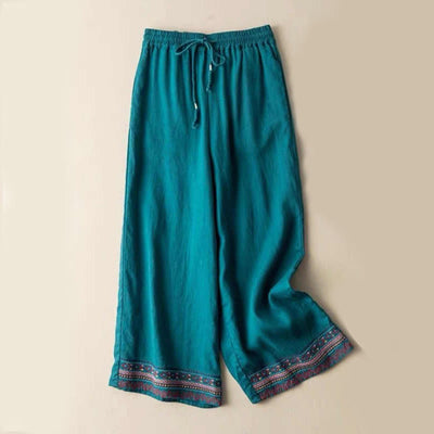 Buddha Stones Plain Bohemian Stripes Women's Wide Leg Cotton Pants With Pockets - DarkCyan - US14，UK/AU18，EU46 (4XL) - image 1
