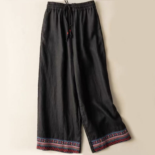 Buddha Stones Plain Bohemian Stripes Women's Wide Leg Cotton Pants With Pockets - Black - US14，UK/AU18，EU46 (4XL) - image 3