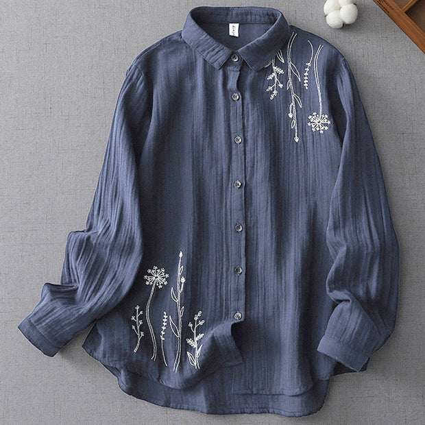 Buddha Stones Fall Dandelion Flower Buttons Long Sleeve Women's Cotton Shirt - SteelBlue - US14，UK/AU18，EU46 (3XL) - image 5