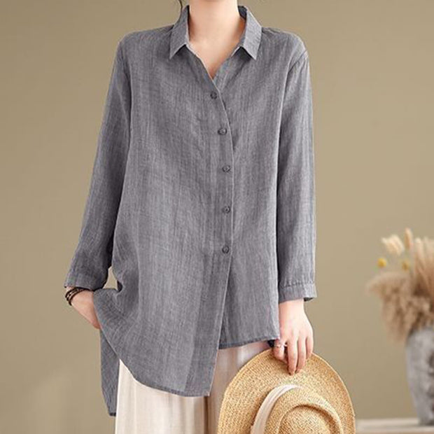 Buddha Stones Irregular Design Buttons Long Sleeve Women's Cotton Shirt - image 6