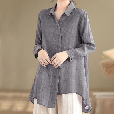 Buddha Stones Irregular Design Buttons Long Sleeve Women's Cotton Shirt - Gray - US12，UK/AU16，EU44 (3XL) - image 1