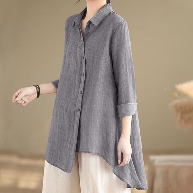 Buddha Stones Irregular Design Buttons Long Sleeve Women's Cotton Shirt - image 3