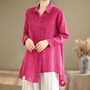 Buddha Stones Irregular Design Buttons Long Sleeve Women's Cotton Shirt - HotPink - US12，UK/AU16，EU44 (3XL) - image 7
