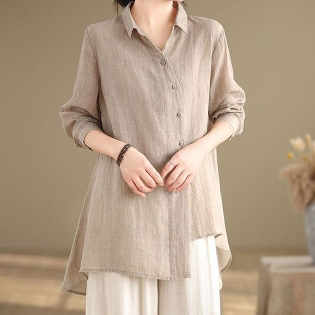 Buddha Stones Irregular Design Buttons Long Sleeve Women's Cotton Shirt - Wheat - US12，UK/AU16，EU44 (3XL) - image 17
