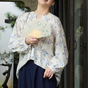 Buddha Stones Blue Beige Flowers Notched Design Long Sleeve Women's Cotton Shirt For Older Adults - image 20