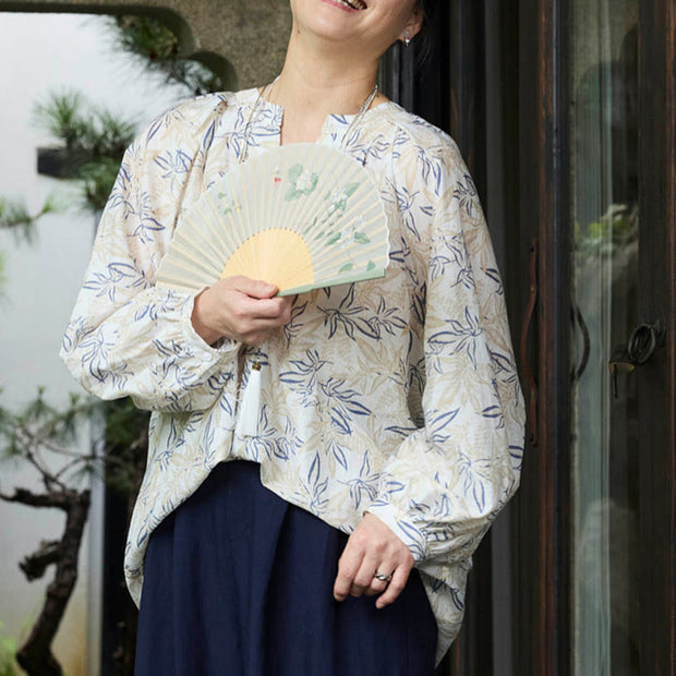 Buddha Stones Blue Beige Flowers Notched Design Long Sleeve Women's Cotton Shirt For Older Adults - image 20