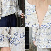 Buddha Stones Blue Beige Flowers Notched Design Long Sleeve Women's Cotton Shirt For Older Adults - image 13