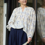 Buddha Stones Blue Beige Flowers Notched Design Long Sleeve Women's Cotton Shirt For Older Adults - image 17