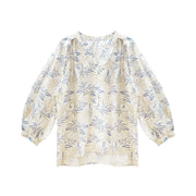 Buddha Stones Blue Beige Flowers Notched Design Long Sleeve Women's Cotton Shirt For Older Adults - image 6