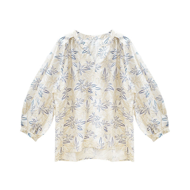 Buddha Stones Blue Beige Flowers Notched Design Long Sleeve Women's Cotton Shirt For Older Adults - image 6