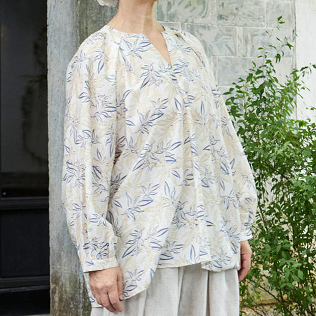 Buddha Stones Blue Beige Flowers Notched Design Long Sleeve Women's Cotton Shirt For Older Adults - image 4