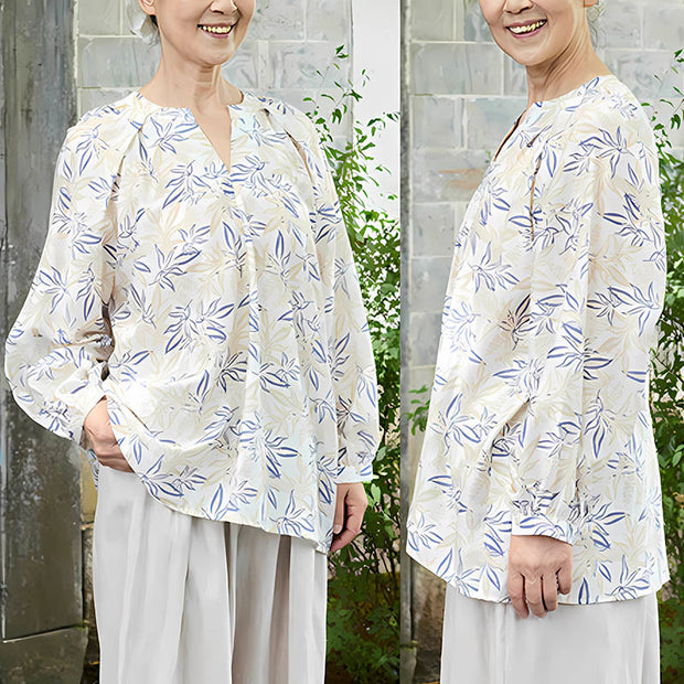 Buddha Stones Blue Beige Flowers Notched Design Long Sleeve Women's Cotton Shirt For Older Adults - image 10