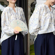 Buddha Stones Blue Beige Flowers Notched Design Long Sleeve Women's Cotton Shirt For Older Adults - image 23