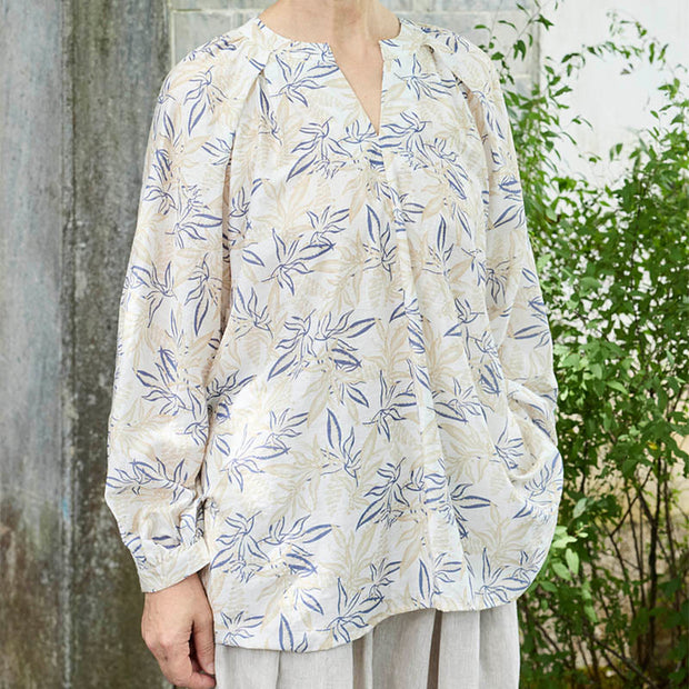 Buddha Stones Blue Beige Flowers Notched Design Long Sleeve Women's Cotton Shirt For Older Adults - image 2
