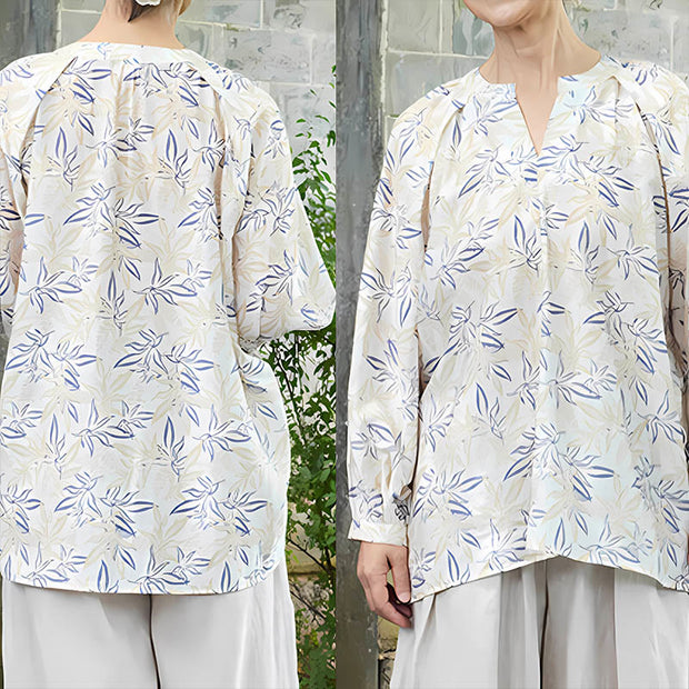 Buddha Stones Blue Beige Flowers Notched Design Long Sleeve Women's Cotton Shirt For Older Adults - image 11