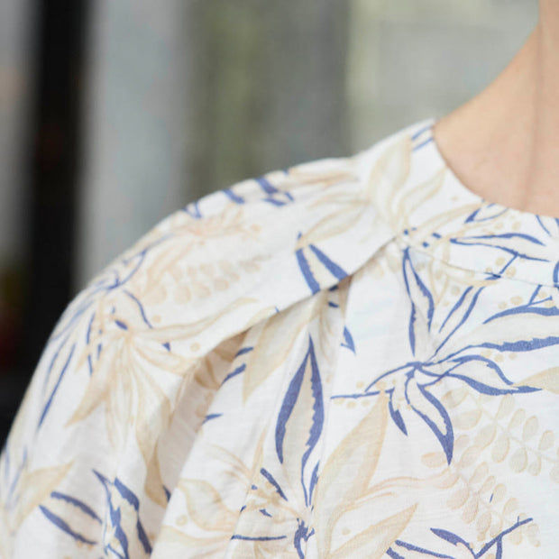 Buddha Stones Blue Beige Flowers Notched Design Long Sleeve Women's Cotton Shirt For Older Adults - image 7