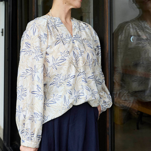 Buddha Stones Blue Beige Flowers Notched Design Long Sleeve Women's Cotton Shirt For Older Adults - image 16