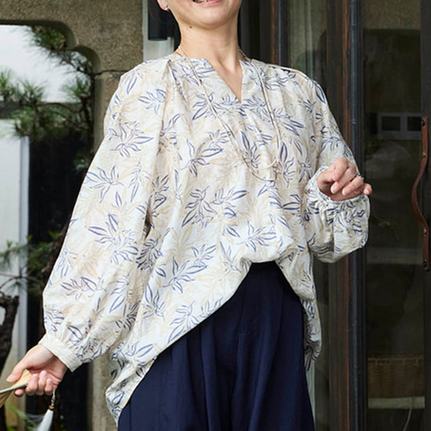 Buddha Stones Blue Beige Flowers Notched Design Long Sleeve Women's Cotton Shirt For Older Adults - image 14
