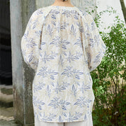 Buddha Stones Blue Beige Flowers Notched Design Long Sleeve Women's Cotton Shirt For Older Adults - image 3