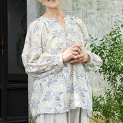 Buddha Stones Blue Beige Flowers Notched Design Long Sleeve Women's Cotton Shirt For Older Adults - image 12