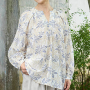 Buddha Stones Blue Beige Flowers Notched Design Long Sleeve Women's Cotton Shirt For Older Adults - FloralWhite - US14，UK/AU18，EU46 (2XL) - image 1