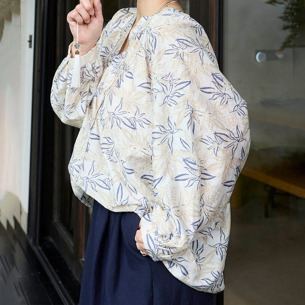 Buddha Stones Blue Beige Flowers Notched Design Long Sleeve Women's Cotton Shirt For Older Adults - image 18