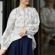 Buddha Stones Blue Beige Flowers Notched Design Long Sleeve Women's Cotton Shirt For Older Adults - image 21