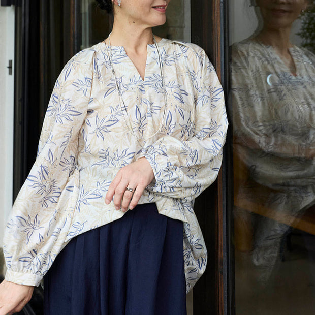 Buddha Stones Blue Beige Flowers Notched Design Long Sleeve Women's Cotton Shirt For Older Adults - image 21