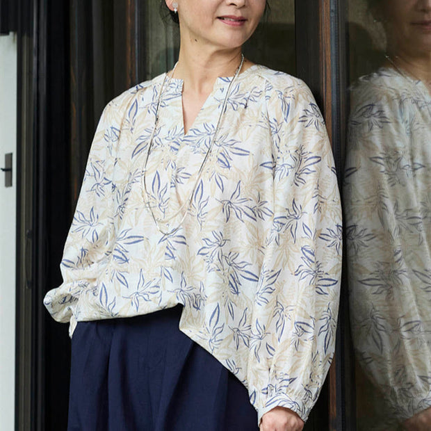 Buddha Stones Blue Beige Flowers Notched Design Long Sleeve Women's Cotton Shirt For Older Adults - image 22