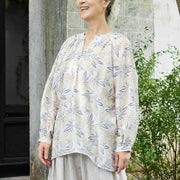 Buddha Stones Blue Beige Flowers Notched Design Long Sleeve Women's Cotton Shirt For Older Adults - image 5