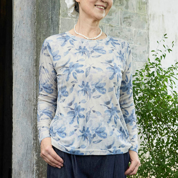 Buddha Stones Fall Blue Floral Women's Long Sleeve T-Shirt  For Older Adults - image 2