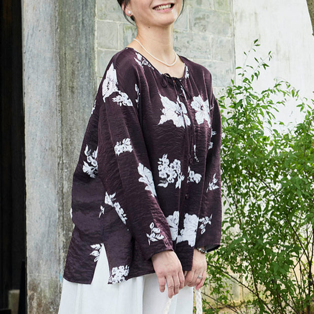 Buddha Stones Black Floral Flowers Lace-Up Buttons Long Sleeve Women's Shirt For Older Adults - image 5