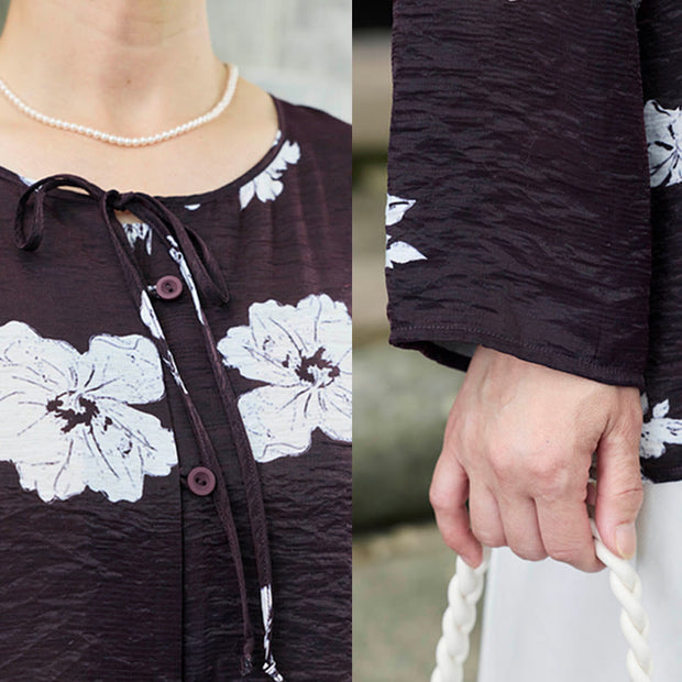 Buddha Stones Black Floral Flowers Lace-Up Buttons Long Sleeve Women's Shirt For Older Adults - image 7