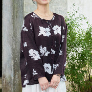 Buddha Stones Black Floral Flowers Lace-Up Buttons Long Sleeve Women's Shirt For Older Adults - image 2