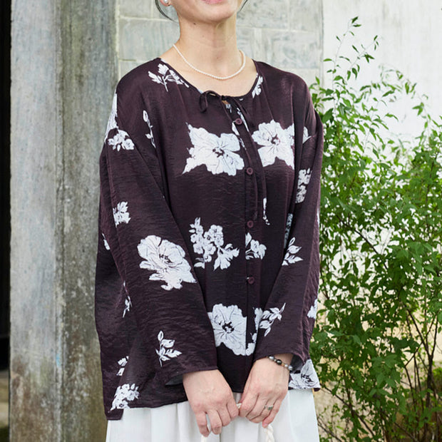 Buddha Stones Black Floral Flowers Lace-Up Buttons Long Sleeve Women's Shirt For Older Adults - image 2