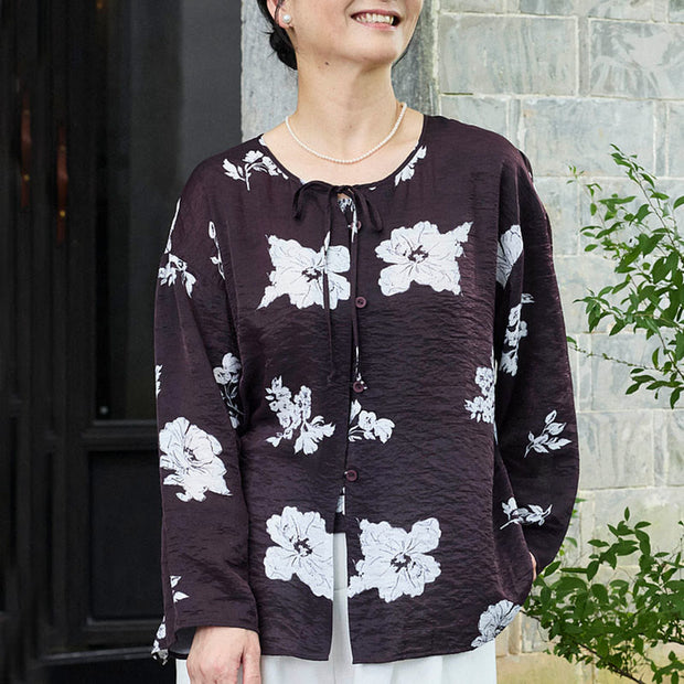 Buddha Stones Black Floral Flowers Lace-Up Buttons Long Sleeve Women's Shirt For Older Adults - image 6