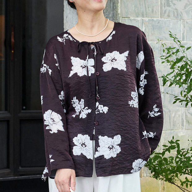 Buddha Stones Black Floral Flowers Lace-Up Buttons Long Sleeve Women's Shirt For Older Adults - Black - US14，UK/AU18，EU46 (2XL) - image 1