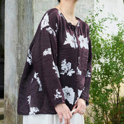 Buddha Stones Black Floral Flowers Lace-Up Buttons Long Sleeve Women's Shirt For Older Adults - image 3