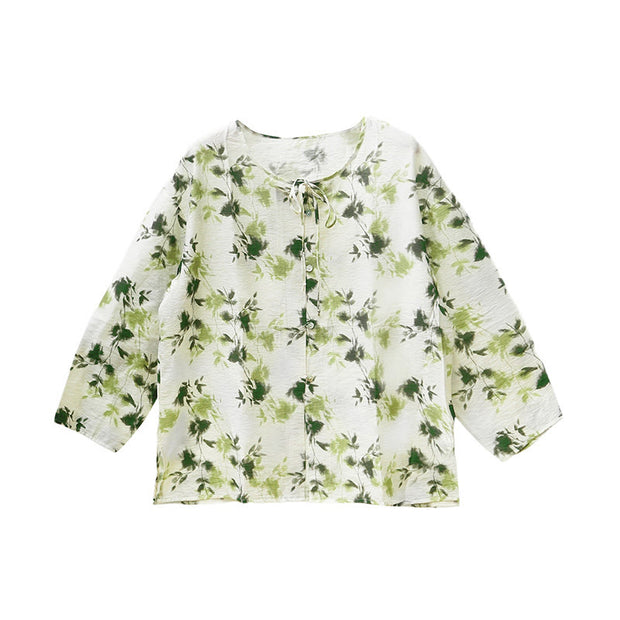 Buddha Stones Green Floral Leaves Lace-Up Buttons Long Sleeve Women's Shirt For Older Adults - image 6