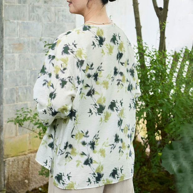 Buddha Stones Green Floral Leaves Lace-Up Buttons Long Sleeve Women's Shirt For Older Adults - image 5