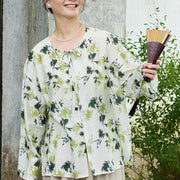 Buddha Stones Green Floral Leaves Lace-Up Buttons Long Sleeve Women's Shirt For Older Adults - image 3