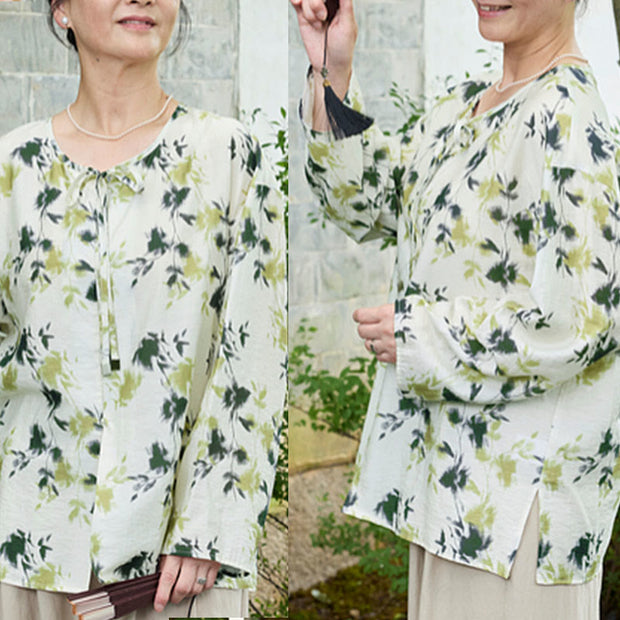 Buddha Stones Green Floral Leaves Lace-Up Buttons Long Sleeve Women's Shirt For Older Adults - image 13