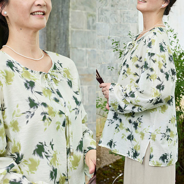 Buddha Stones Green Floral Leaves Lace-Up Buttons Long Sleeve Women's Shirt For Older Adults - image 12